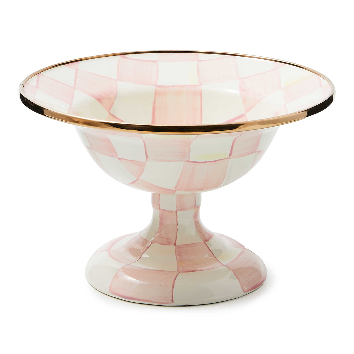 Small Rosy Check compote with hand-painted sterling check pattern on steel body and bronzed stainless rim.