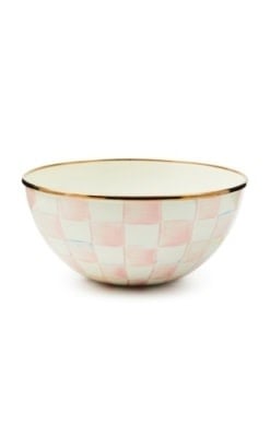 Hand-painted Rosy Check everyday bowl with bronzed stainless steel rim on heavy-gauge steel.