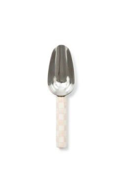 Small stainless steel scoop with hand-painted checkered enamel finish in pink.