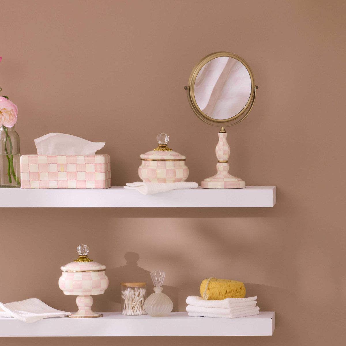 Heavy-gauge steel tissue box cover with hand-painted Rosy Check floral pattern in soft pink and white.