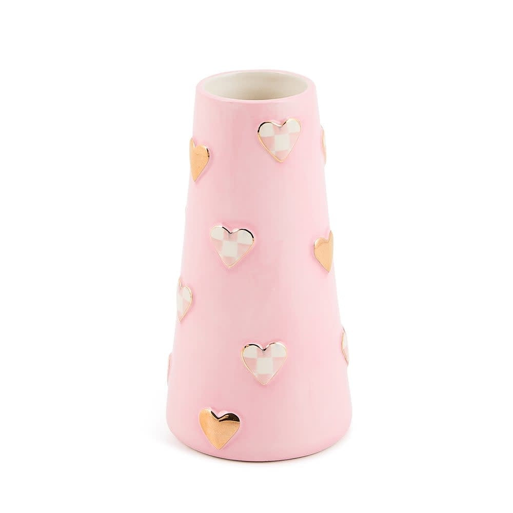 Tall ceramic heart-shaped vase with blush Rosy Check pattern and gold lustre accents.