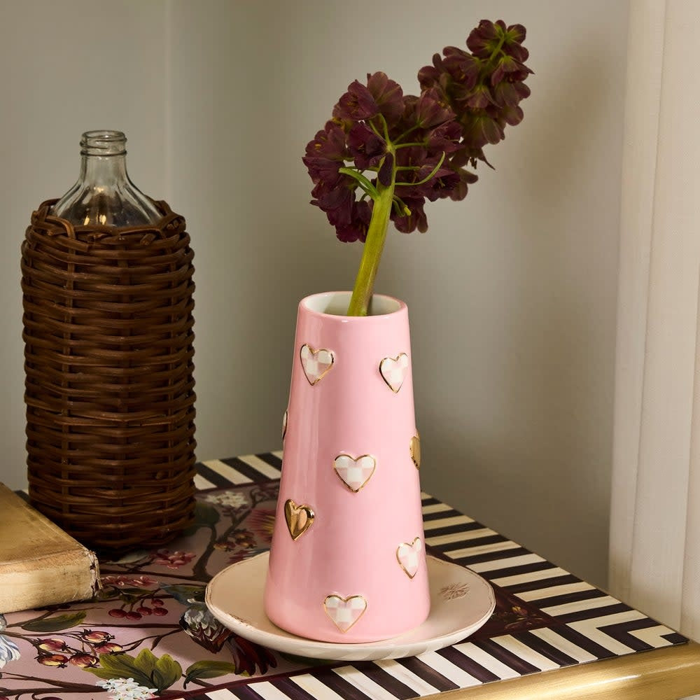 Tall ceramic heart-shaped vase with Rosy Check blush pattern and gold lustre accents.