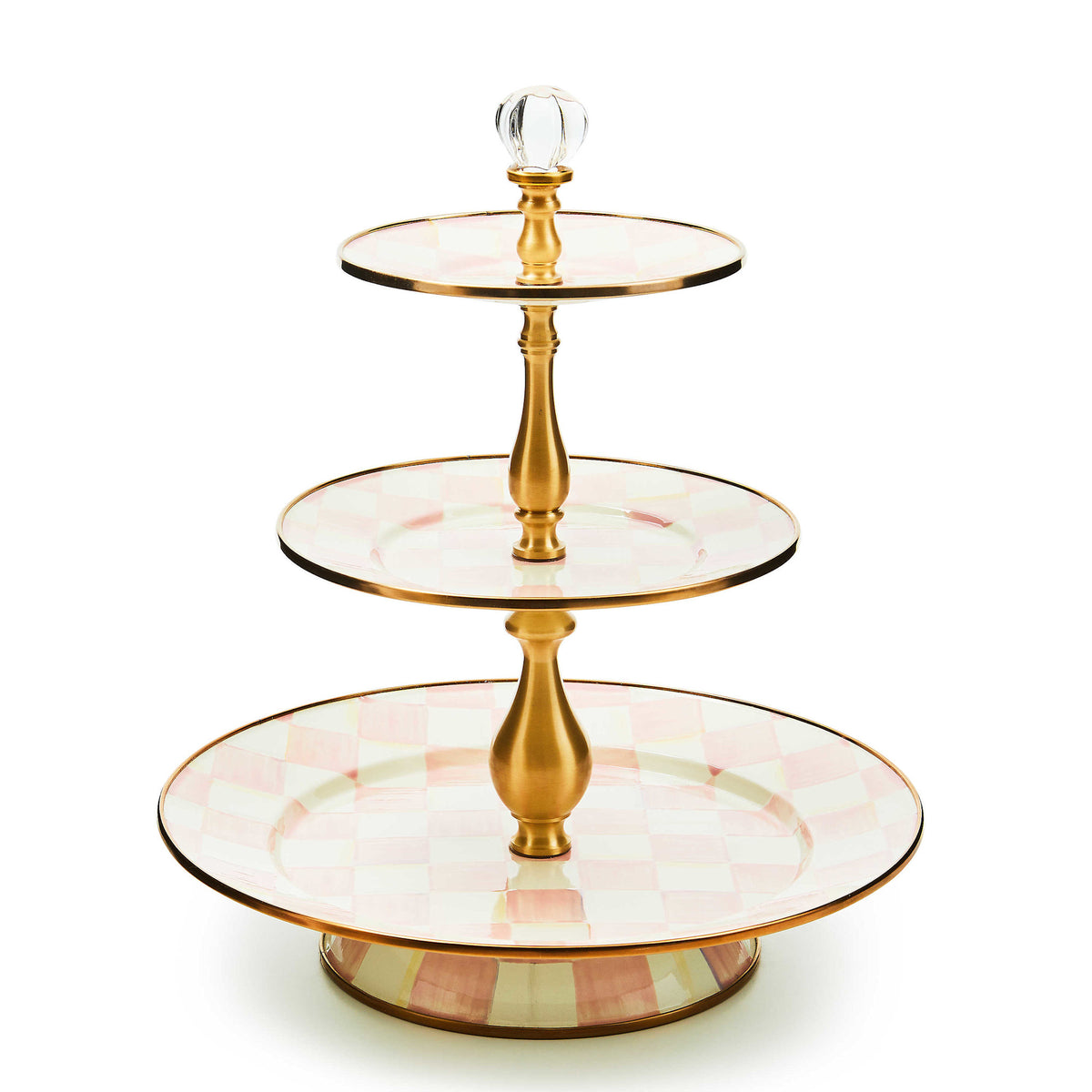 Three-tier enamel sweet stand with rosy check pattern on steel base and glass knobs