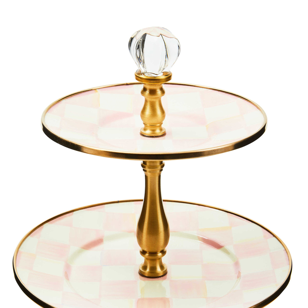 Three-tier Rosy Check enamel sweet stand with hand-painted pink pattern, bronzed stainless steel rims, and brass hardware.