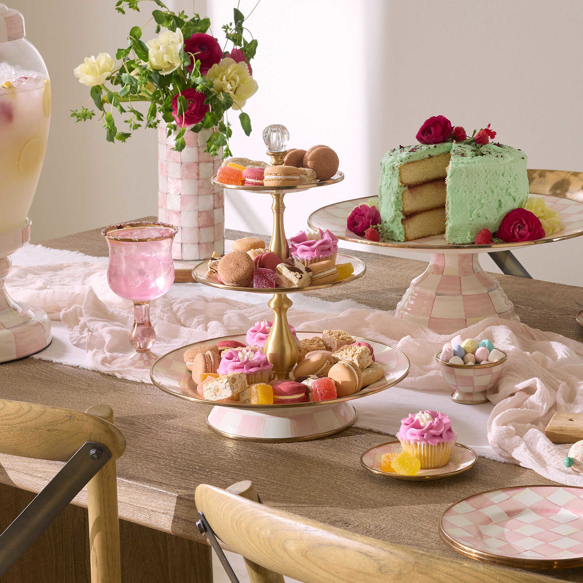 Three-tier Rosy Check enamel sweet stand with hand-painted pink pattern, bronzed stainless steel rims, and brass hardware.