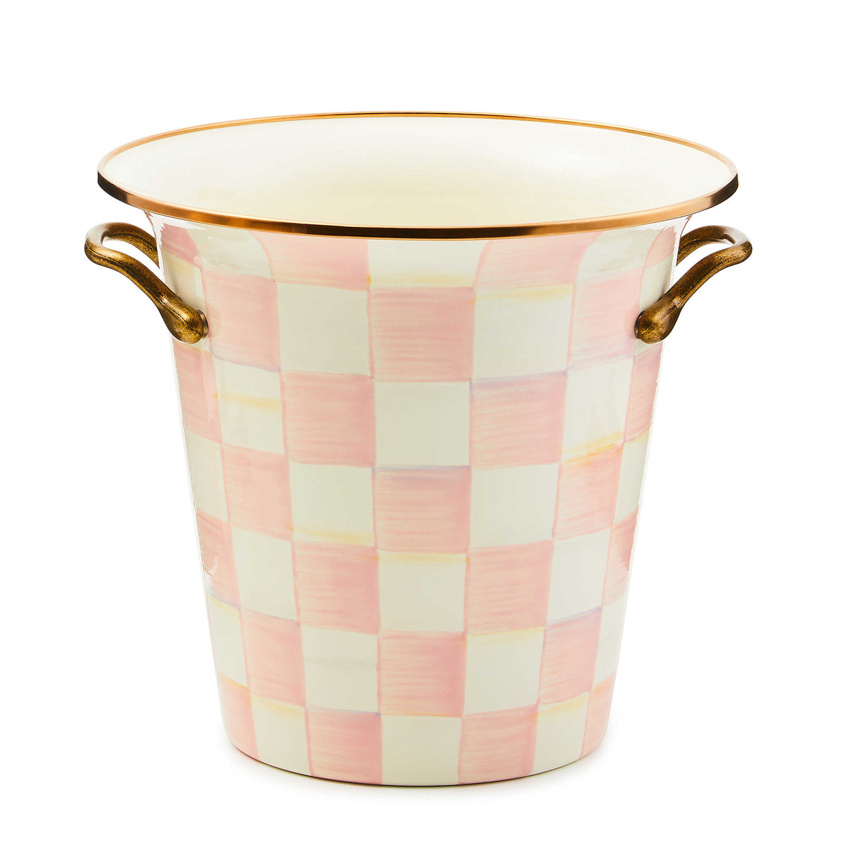 Hand-glazed steel wine cooler with rosy check floral pattern, bronzed stainless rim, and antiqued brass handles.
