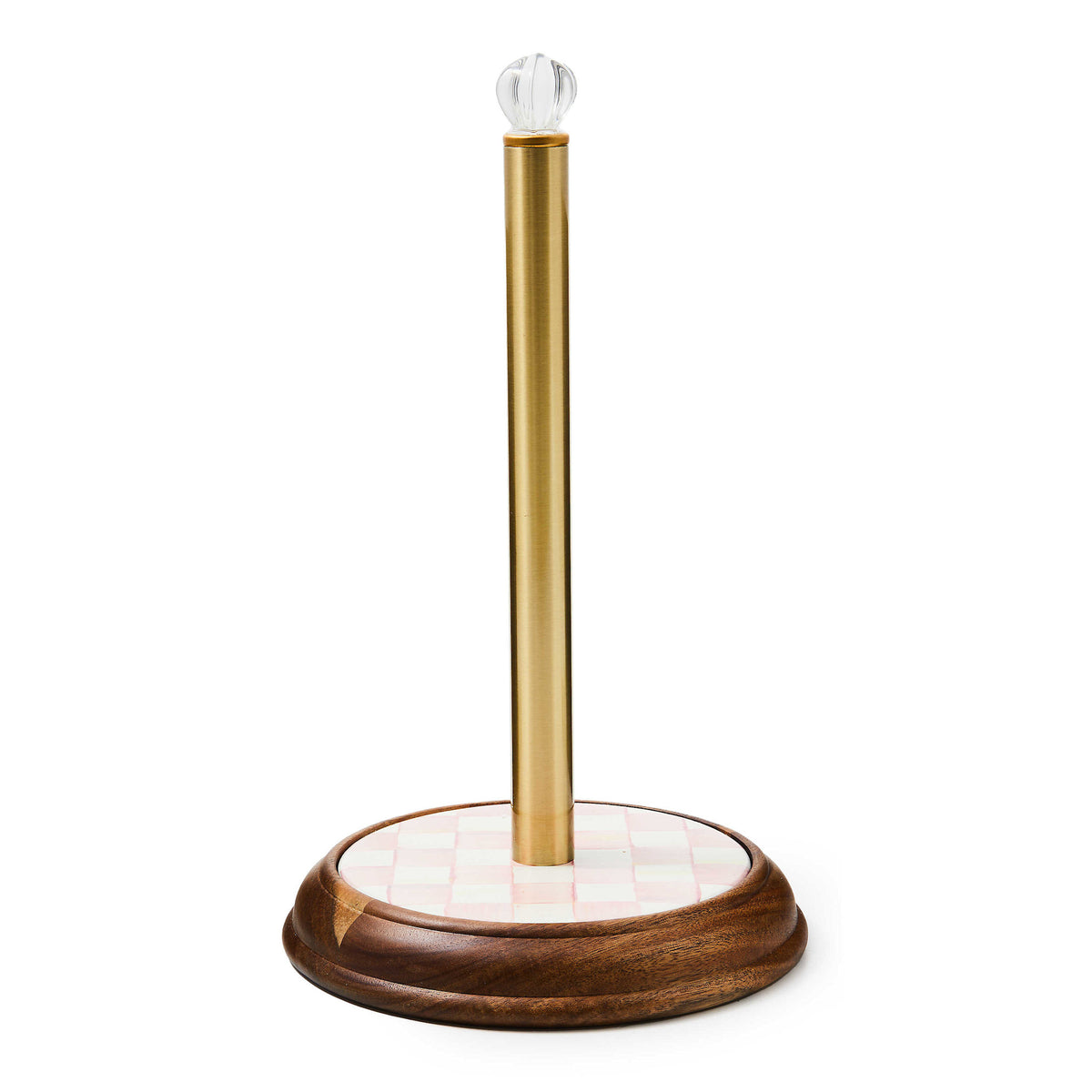 Handmade acacia wood paper towel holder with a rosy check glazed plate on stainless steel post.