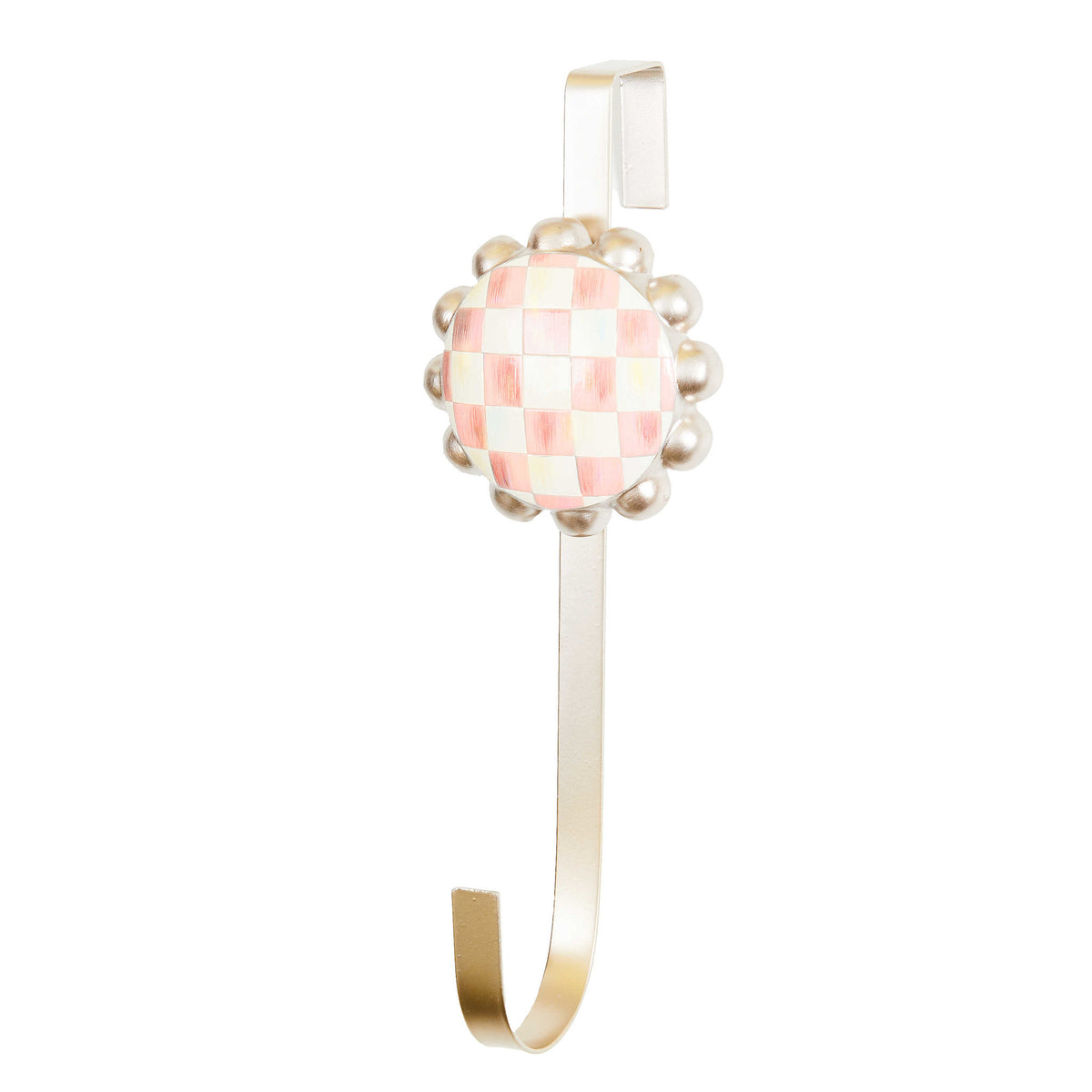 Resin wreath hanger with rosy checkered metal accents in a curved silhouette.