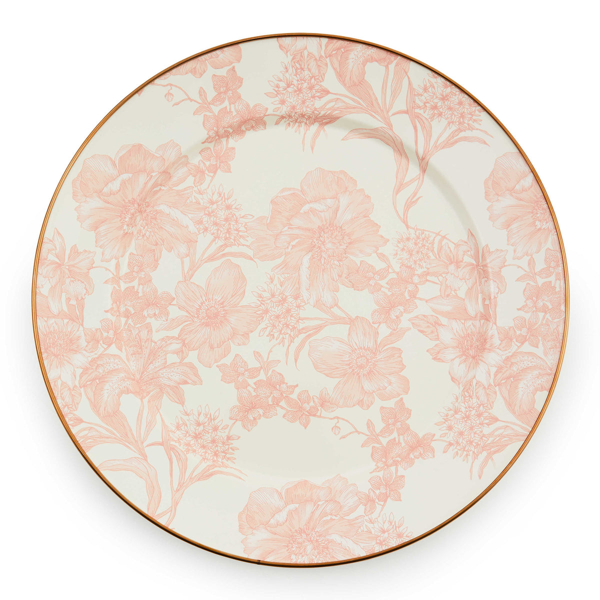 Rosy English Garden floral enamel charger with bronzed stainless steel rim on heavy-gauge steel.