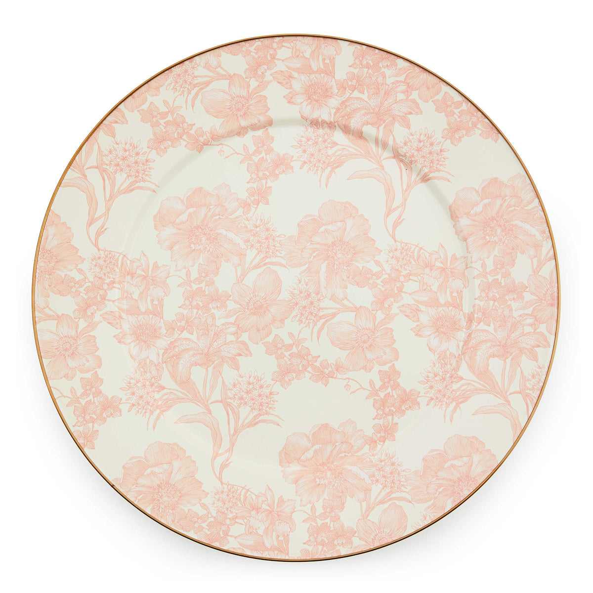 Rosy English Garden floral enamel serving platter with bronzed stainless steel rim.