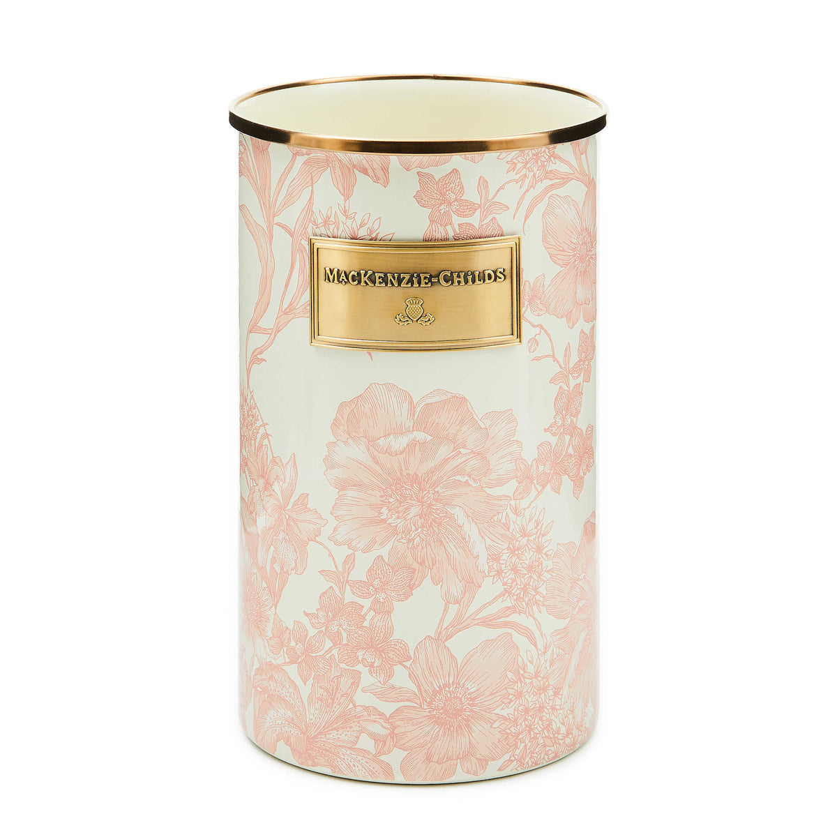 Extra-tall Rosy English Garden utensil holder with hand-glazed steel body and bronzed stainless steel rim.