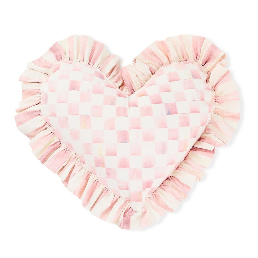 Rosy cotton heart-shaped throw pillow with ruffle trim
