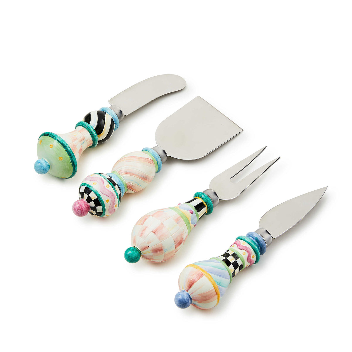 Set of four pastel resin cheese spreaders with rounded handles featuring a Rosy Check pattern.