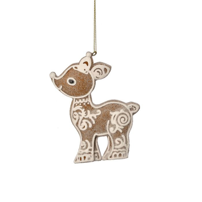 4-inch resin gingerbread deer ornament with white icing details and a gold hanging string.