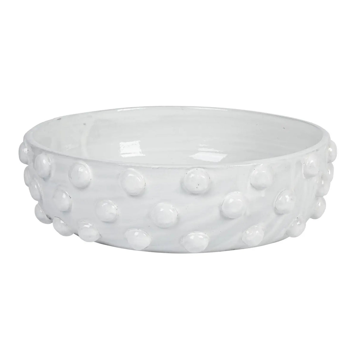 Round terracotta bowl with crackle glaze finish featuring raised dot texture pattern
