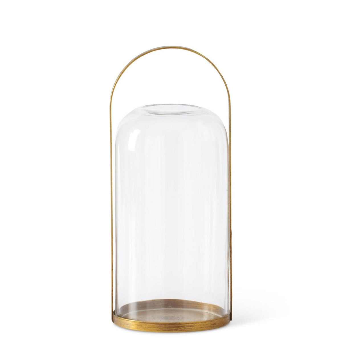 Round gold metal lantern candleholder with glass domed hurricane shade