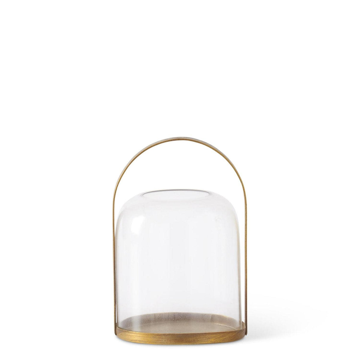 Round gold metal lantern candleholder with glass domed hurricane shade
