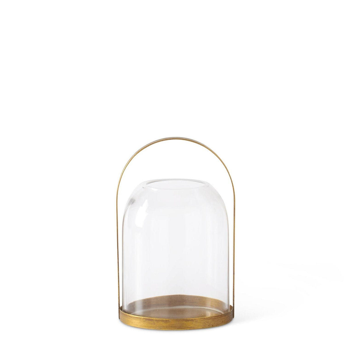 Round gold metal lantern candleholder with glass domed hurricane shade