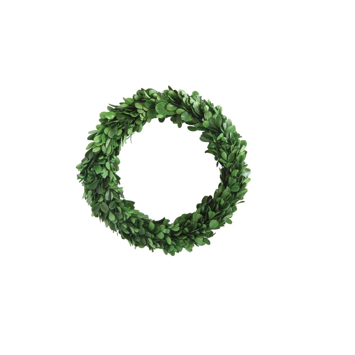 Round preserved boxwood wreath with deep green leaves measuring 9.8 inches in diameter.