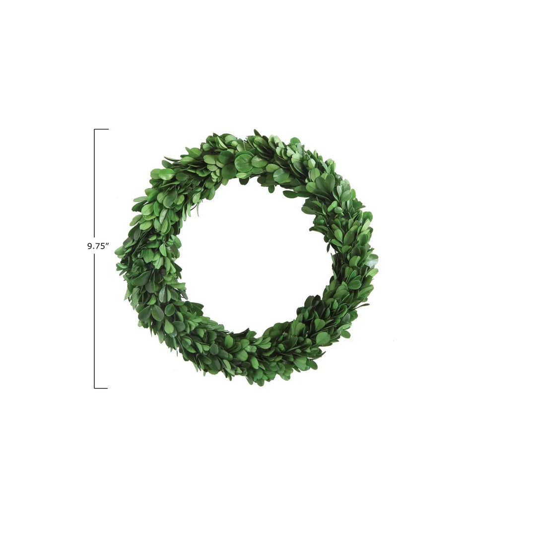 Round preserved boxwood wreath with deep green foliage measuring 9.8 inches in diameter.