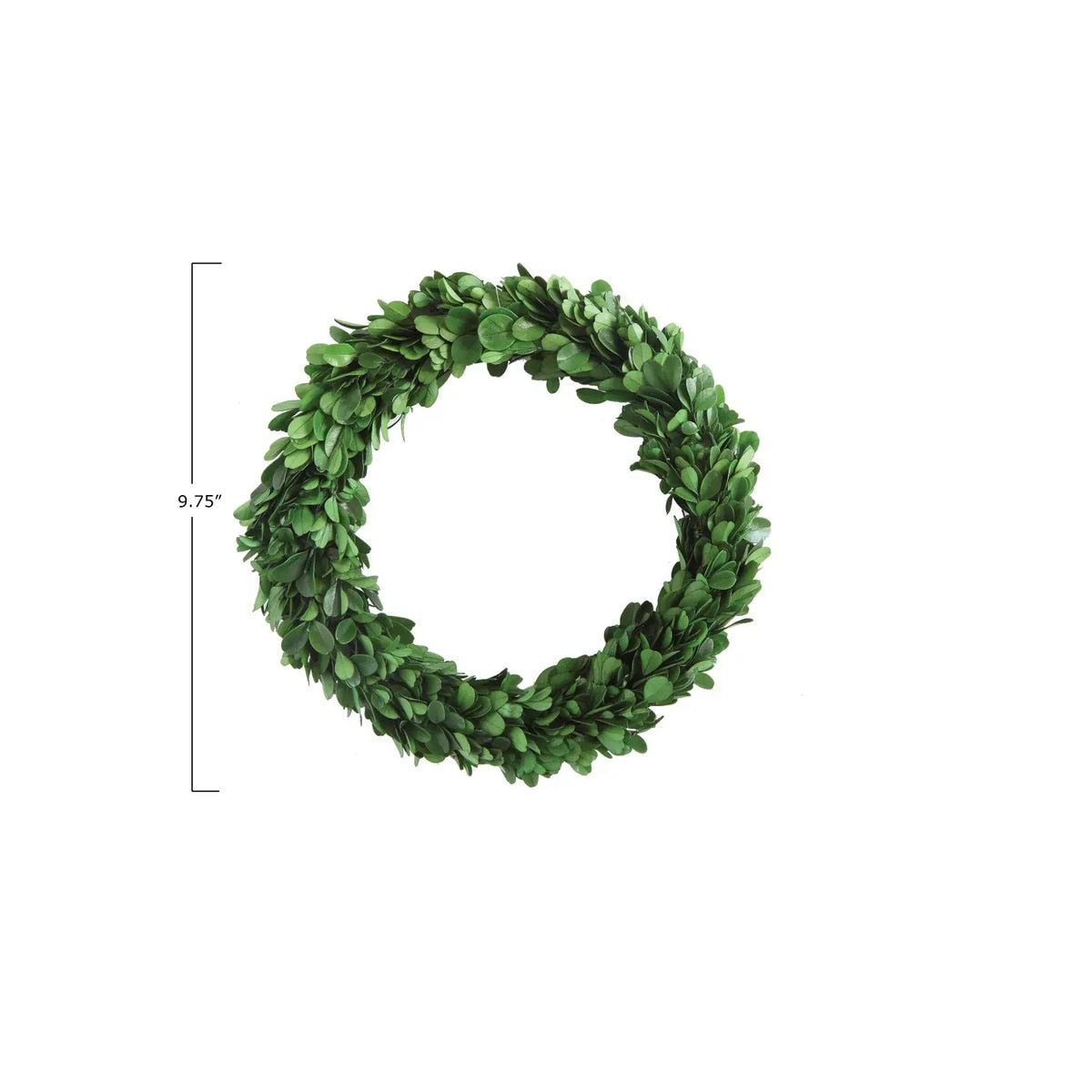 Round preserved boxwood wreath with deep green foliage measuring 9.8 inches in diameter.