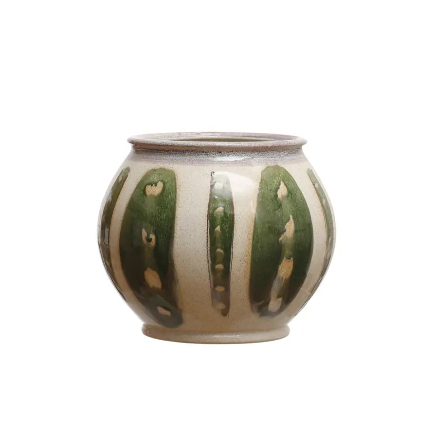 Round Stoneware Vase, Green & Cream