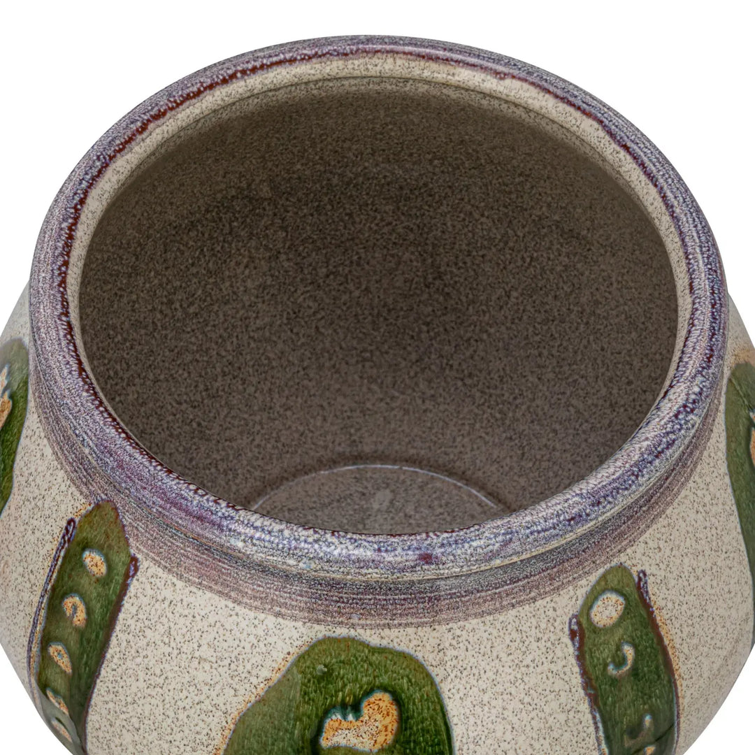 Round Stoneware Vase, Green & Cream