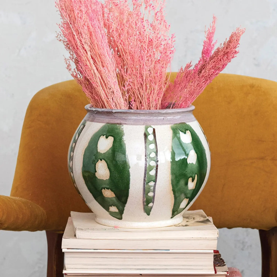Round Stoneware Vase, Green & Cream