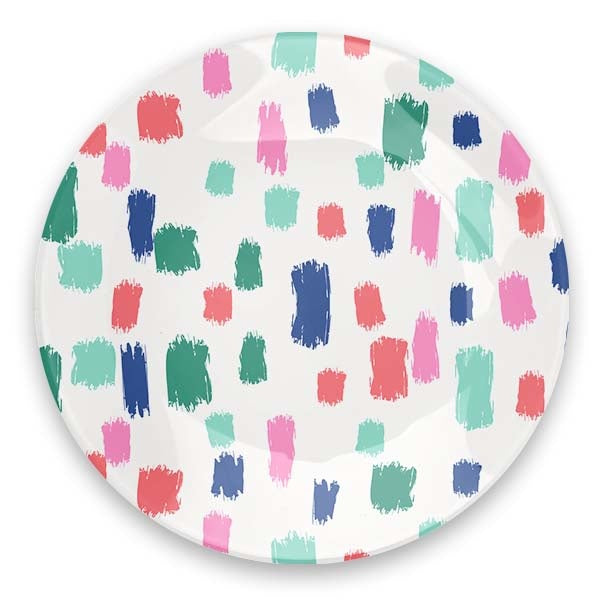 White confetti round glass trinket tray with printed bottom pattern
