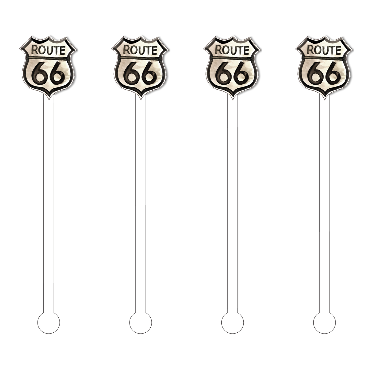 Acrylic Route 66 sign stir stick with vintage highway map pattern in red and white.