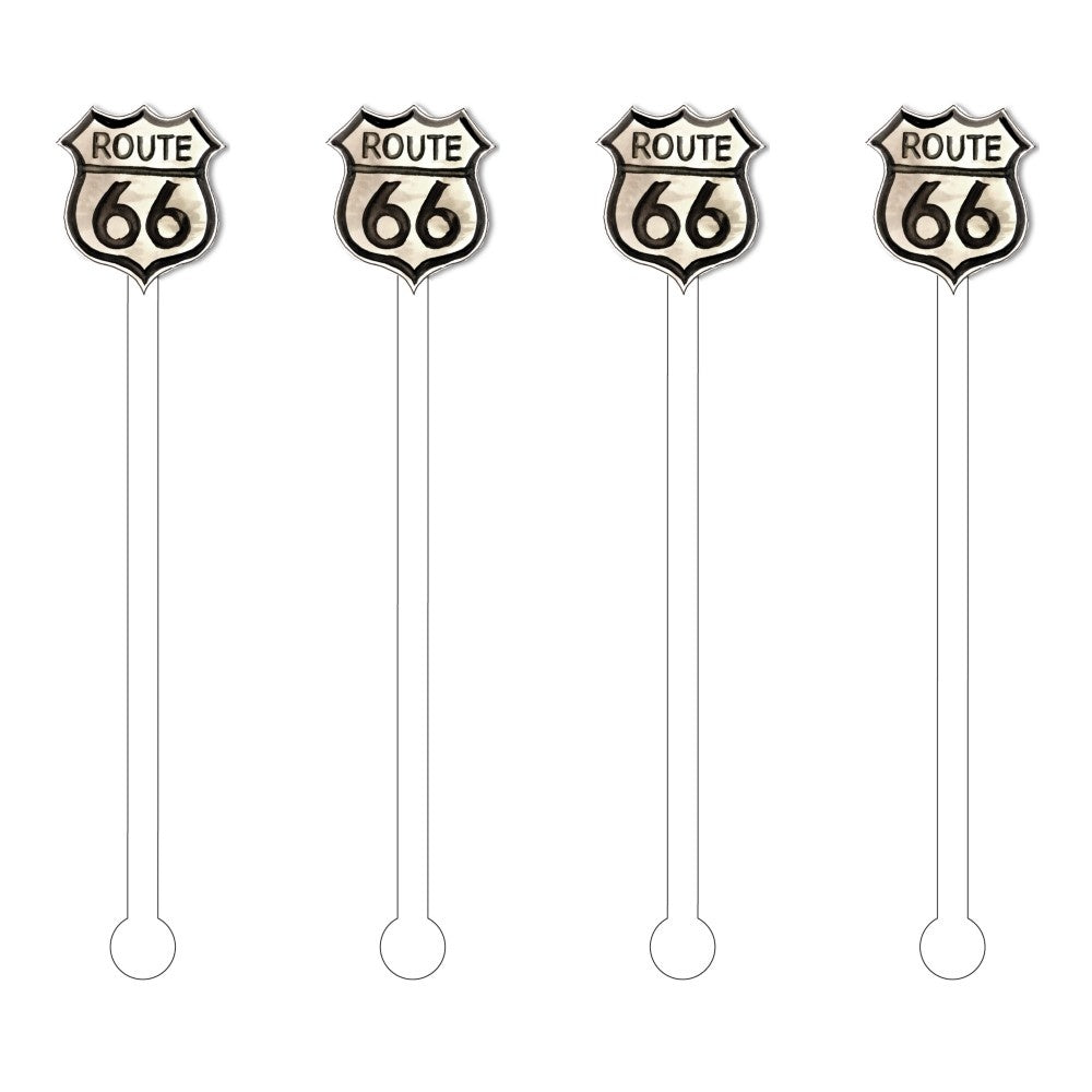 Acrylic Route 66 sign stir stick with vintage highway map pattern in blue and white.