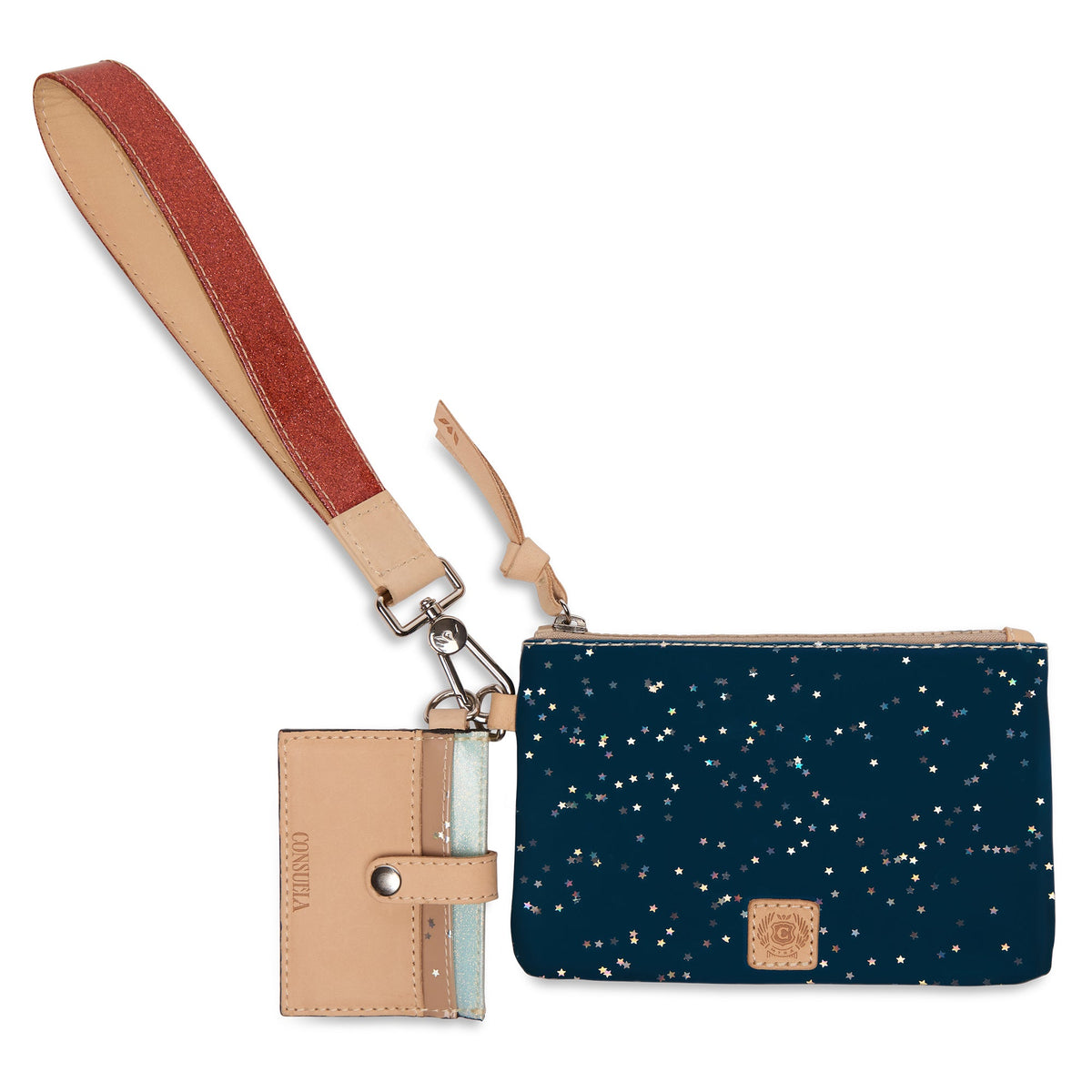 Diego leather wristlet with five card slots, D-ring pouch, and detachable cardholder.
