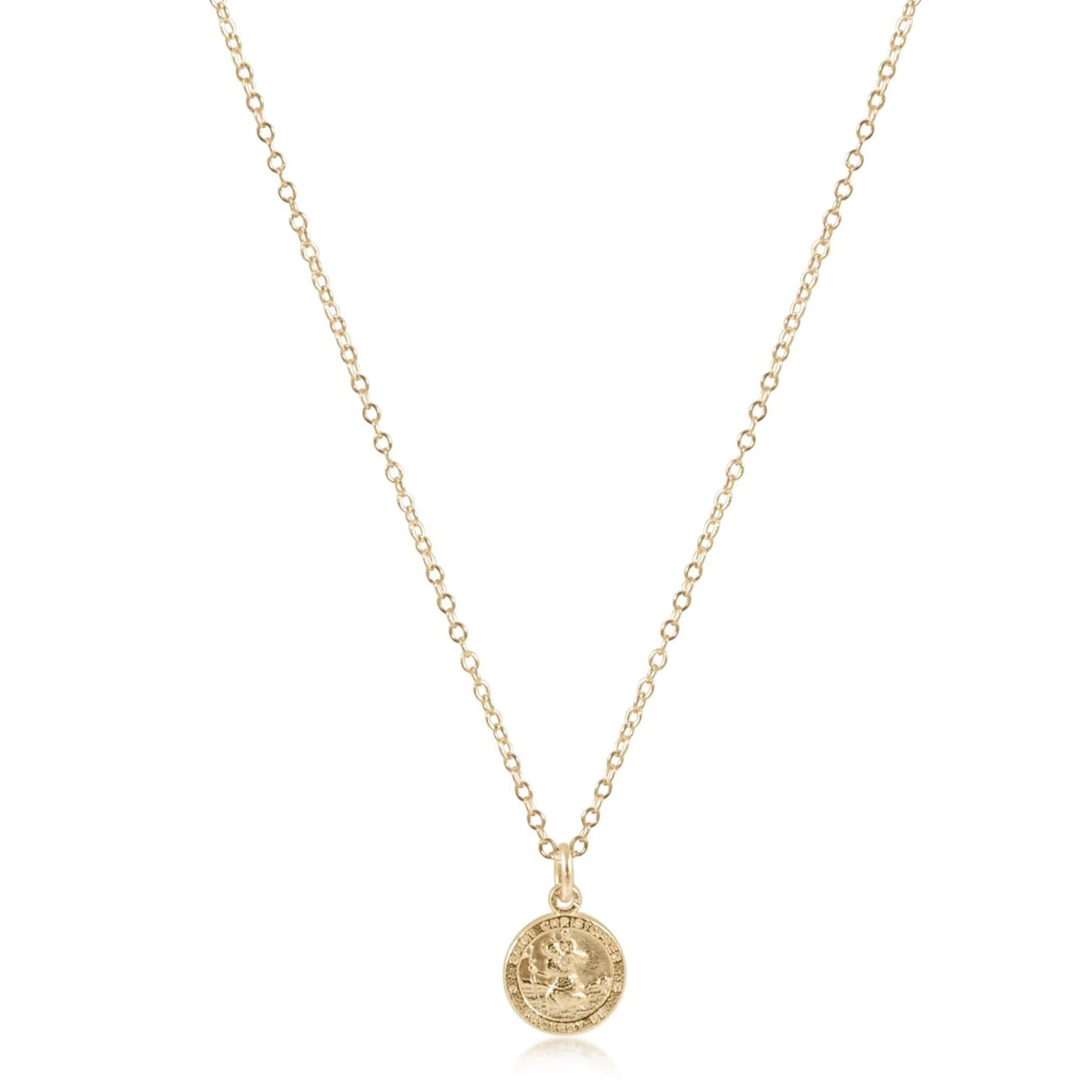 Small gold disc charm on a 16-inch chain featuring Saint Christopher symbol.
