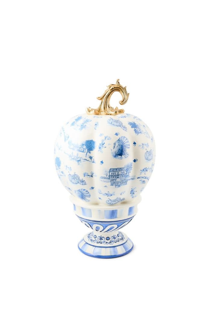 Tall resin pedestal pumpkin with autumn toile patterns in rich seasonal hues.