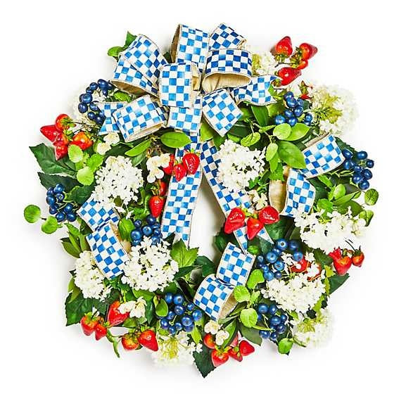 Royal Berry wreath with plastic strawberries and blueberries trimmed in Royal Check ribbon.