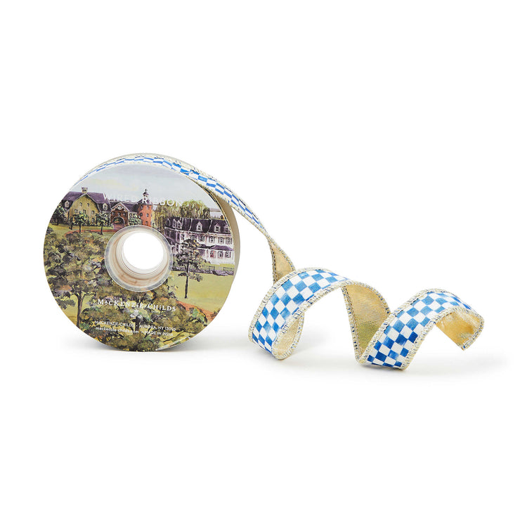 Royal Check one-inch wide polyester ribbon with a classic checkered pattern in royal blue and white.