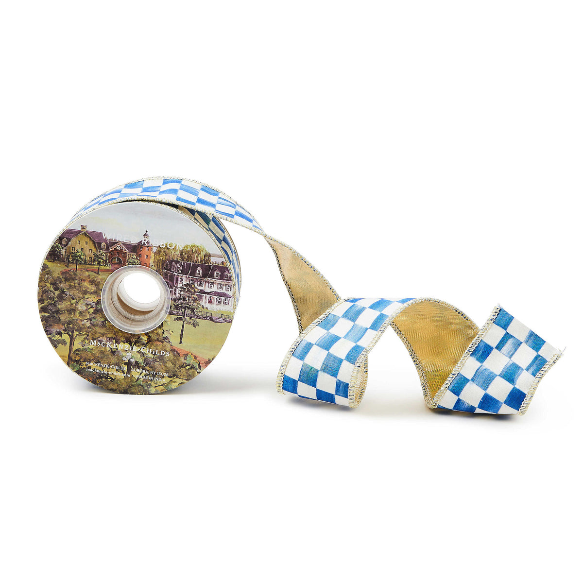 Royal Check red polyester ribbon with a white checkered pattern on a spool.