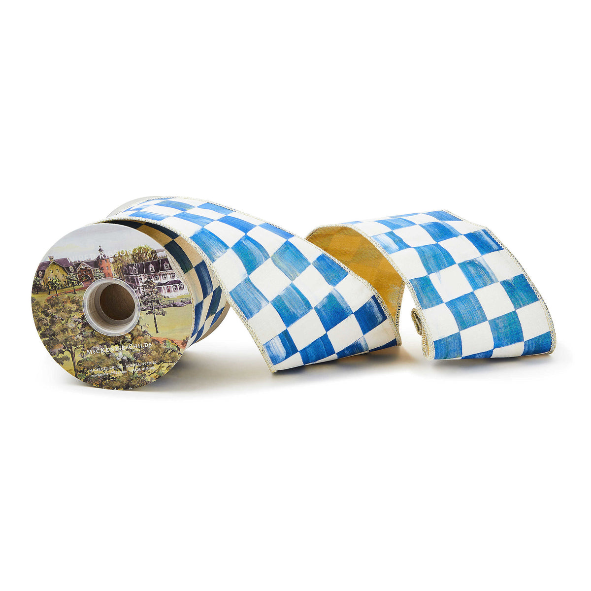 Royal Check ribbon in royal blue with white checkered pattern on a spool.
