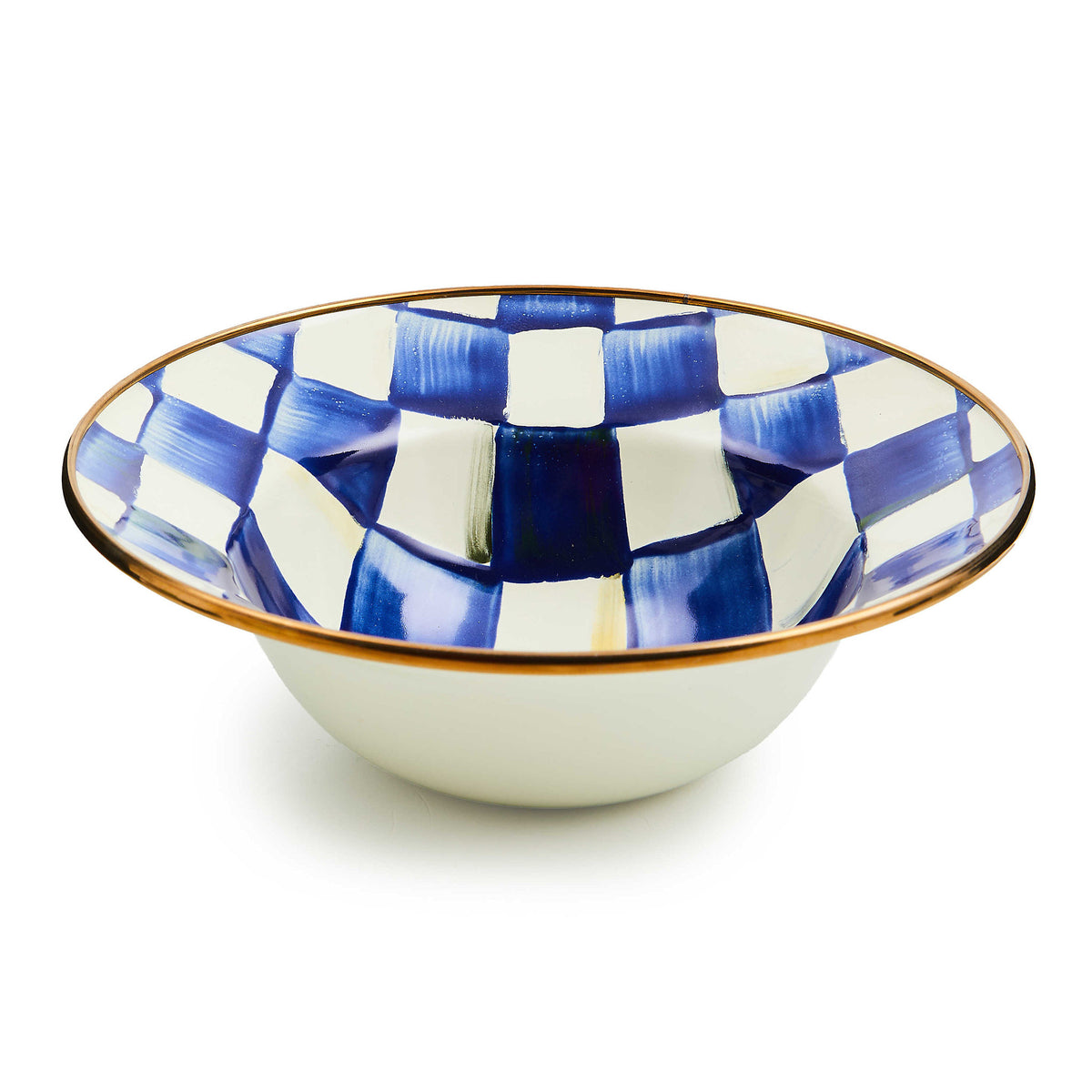 Hand-glazed steel breakfast bowl with royal checkered pattern and bronzed stainless rim
