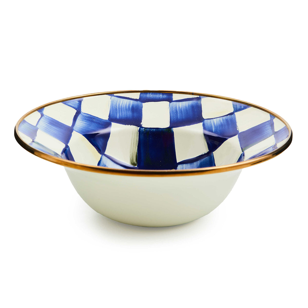 Hand-glazed steel breakfast bowl with royal checkered pattern and bronzed stainless rim