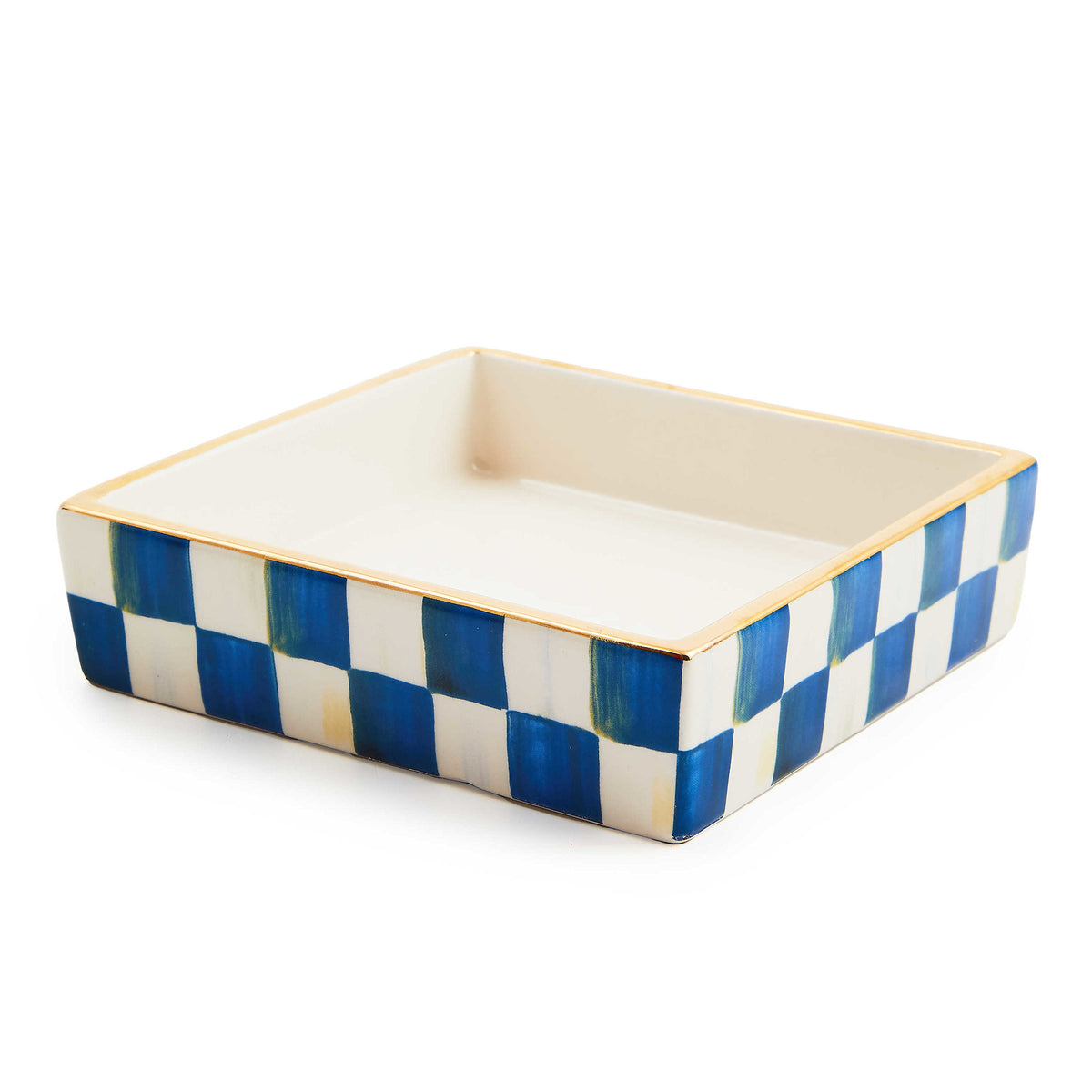Ceramic cocktail napkin holder with a royal blue checkered pattern on white.