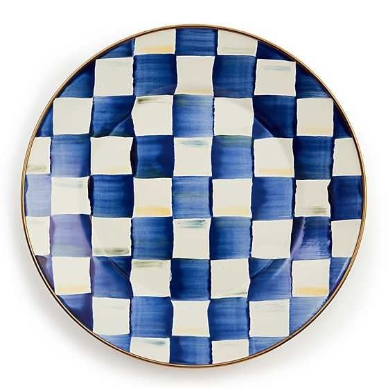 Royal Check dinner plate with hand-painted blue checks on steel rimmed in bronzed stainless.