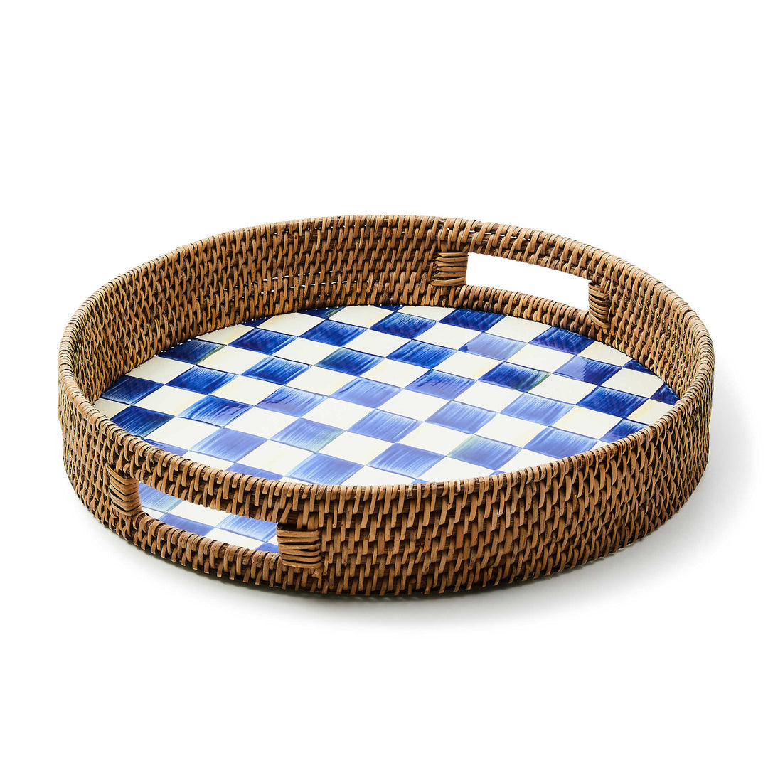 Royal Check Enamel & Rattan Round Serving Tray
