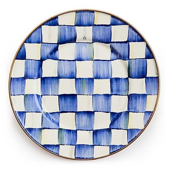 Hand-glazed steel Royal Check enamel salad plate with bronzed stainless rim