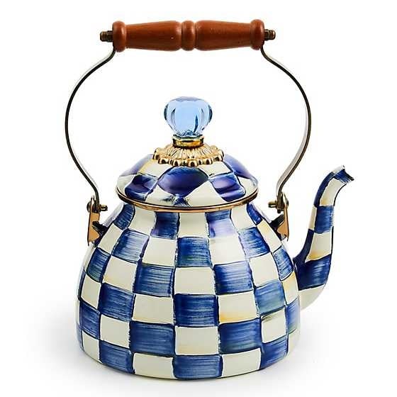 Royal Check enamel tea kettle with wood handle, brass accents, and hand-painted checkered pattern.