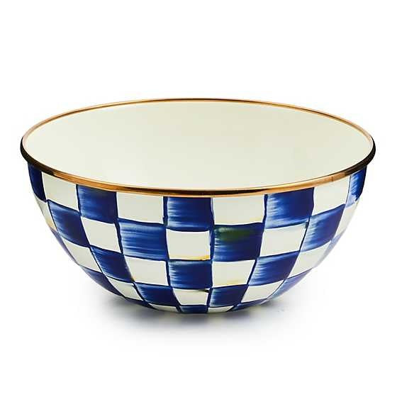Small Royal Check enamel bowl with blue hand-painted patterns on steel body and bronzed rim.