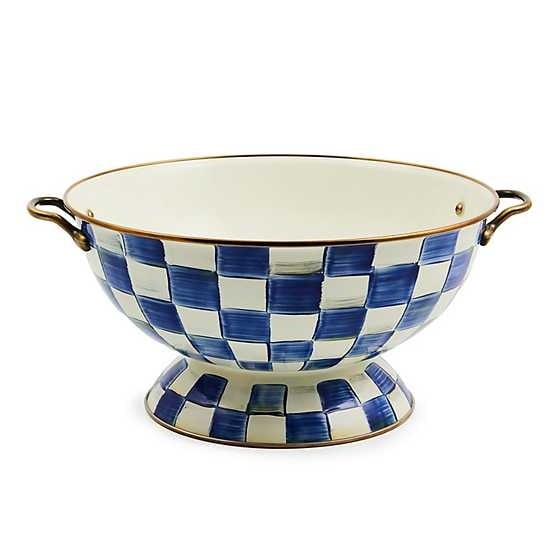 Heavy-gauge steel everything bowl with hand-painted royal check pattern, bronzed stainless rim, and antiqued brass handles.