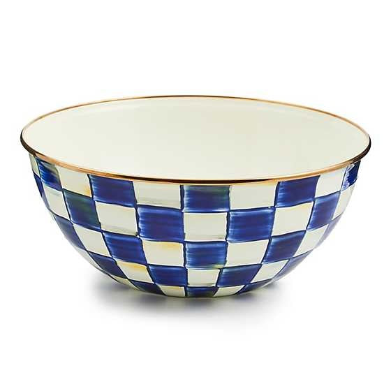 Large Royal Check enamel bowl with blue hand-painted patterns on steel body and bronzed rim.