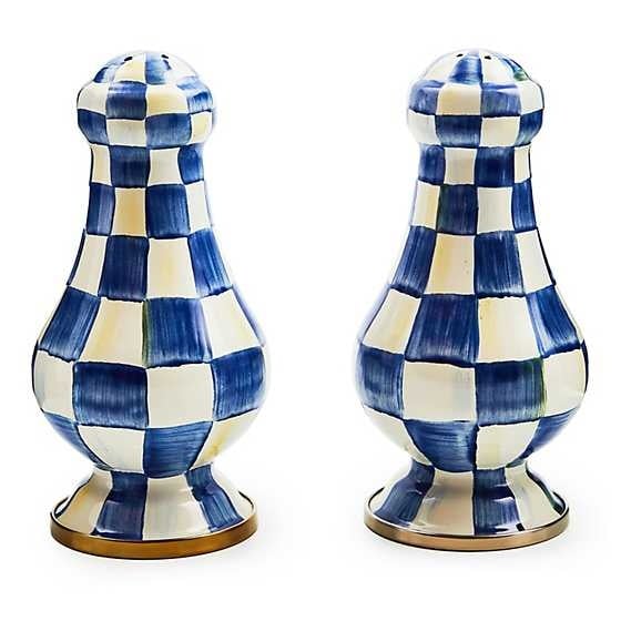 Large salt and pepper shakers with hand-painted royal check pattern on heavy-gauge steel bodies.
