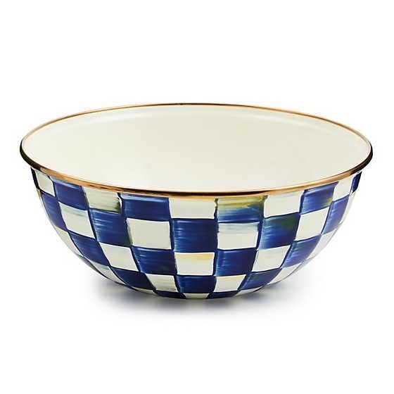 Small Royal Check enamel bowl with blue hand-painted patterns on steel body.